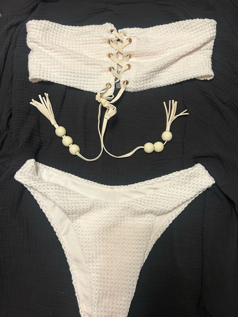 Fashion Nova White Crocheted Lace-Up Bandeau Bikini
